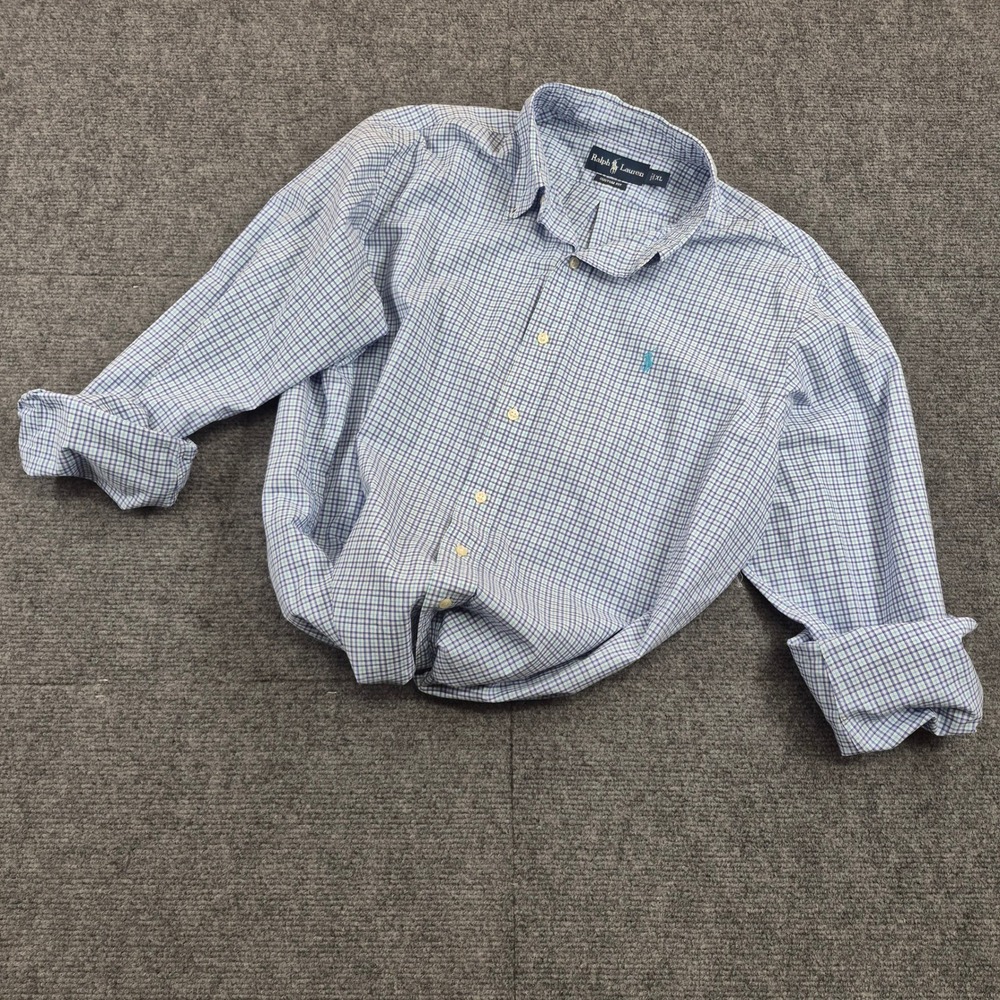Ralph Lauren Mens XL Custom Fit Blue White Plaid Cotton Button Down Shirt
